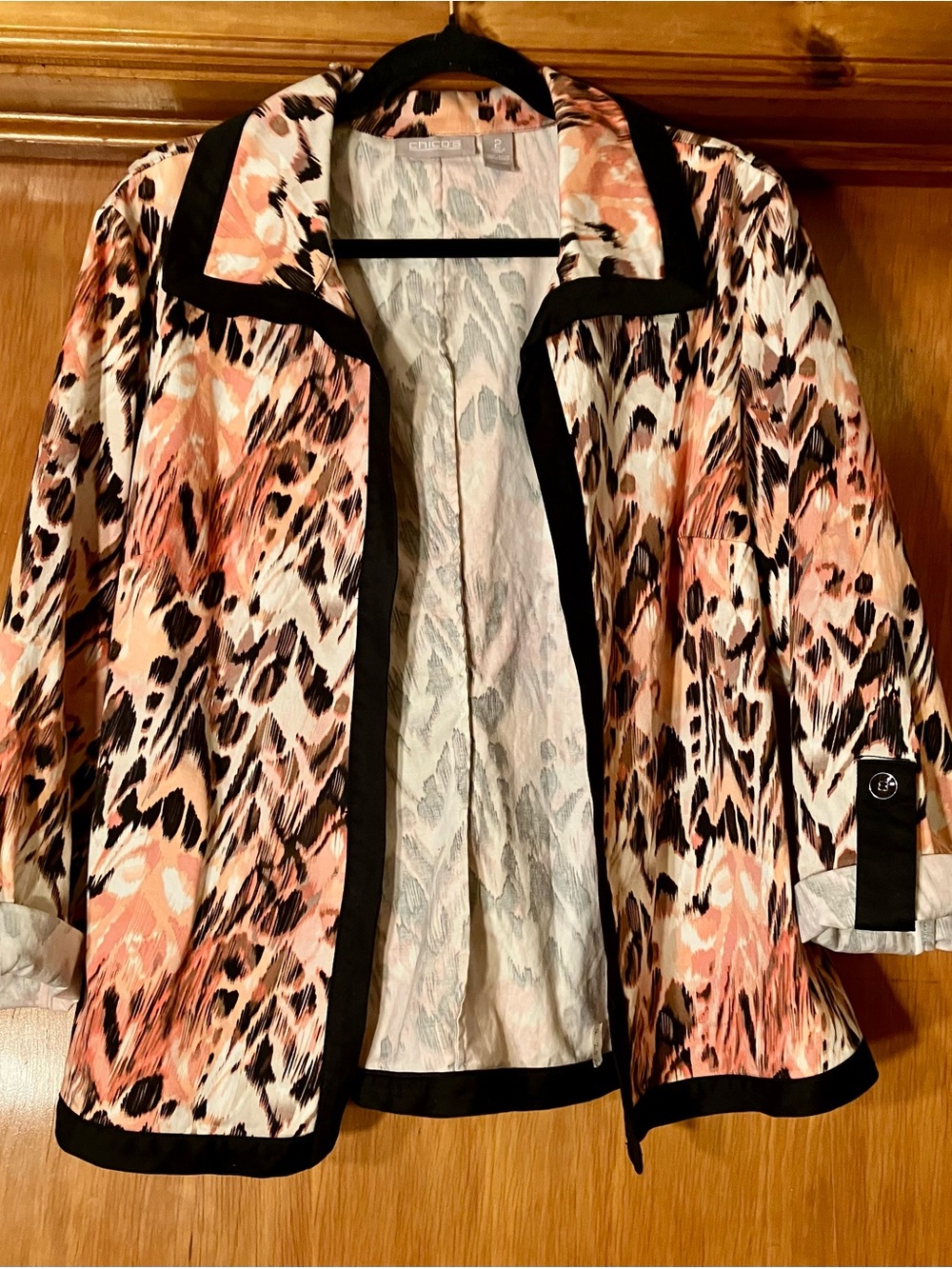 Chico's Peach-Pink Animal Print Open-Front Jacket with Black Trim